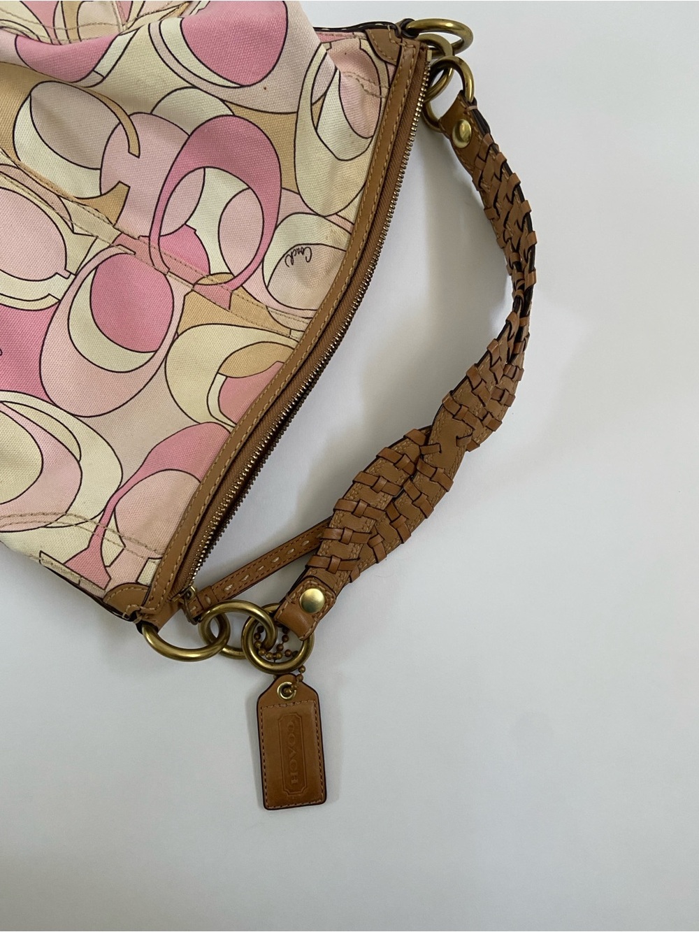 Coach Pink & Tan Signature Optic Print with Braided Handle Hobo Purse - Picture 9 of 9